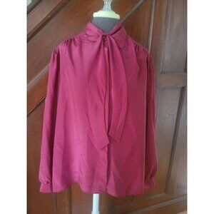 Laura Mae Womens Satin Button-Up Blouse With Tie Collar In Burgundy XL